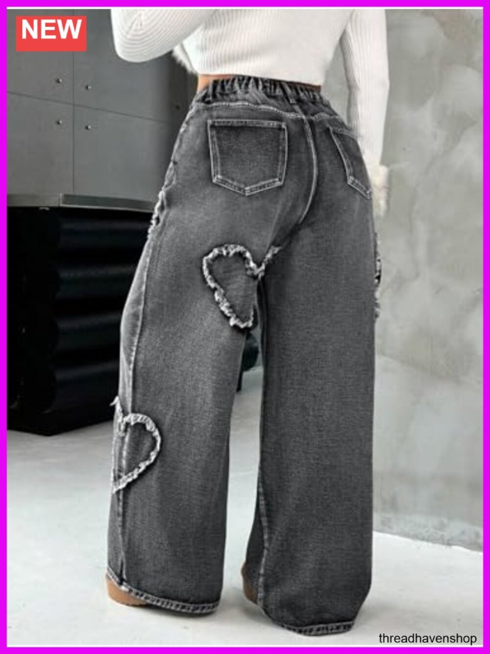 High Waisted Wide Leg Distressed Heart Pattern Jeans Stretch Denim - Picture 2 of 5